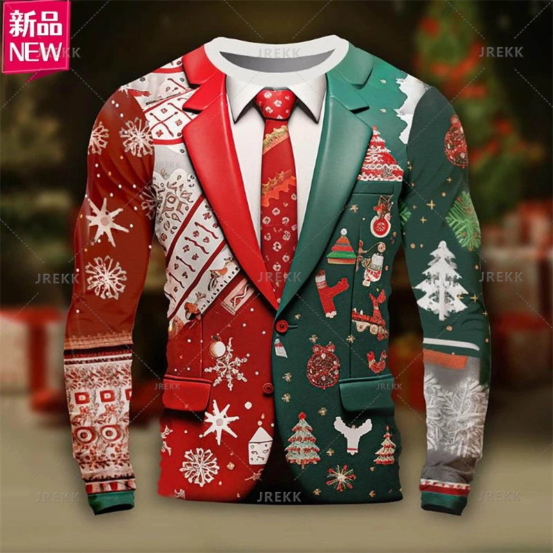 3D Printing Happy Christmas Long Sleeve T Shirt Suit Lapels Christmas Cosplay Graphic  Long Sleeve Crew Neck Shirt Mens Clothing