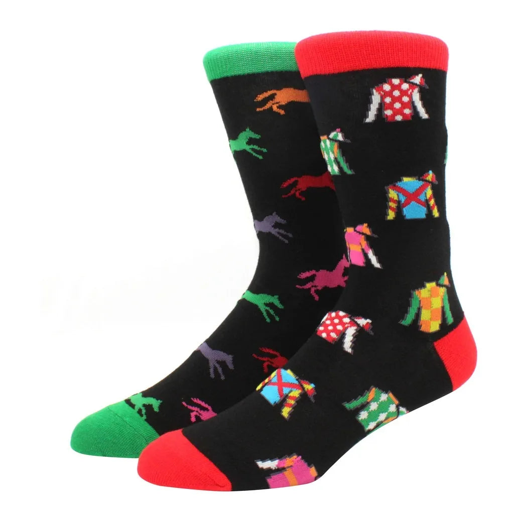Men's Novelty Cotton Crew Socks - Mismatched Animal & Fruit Design