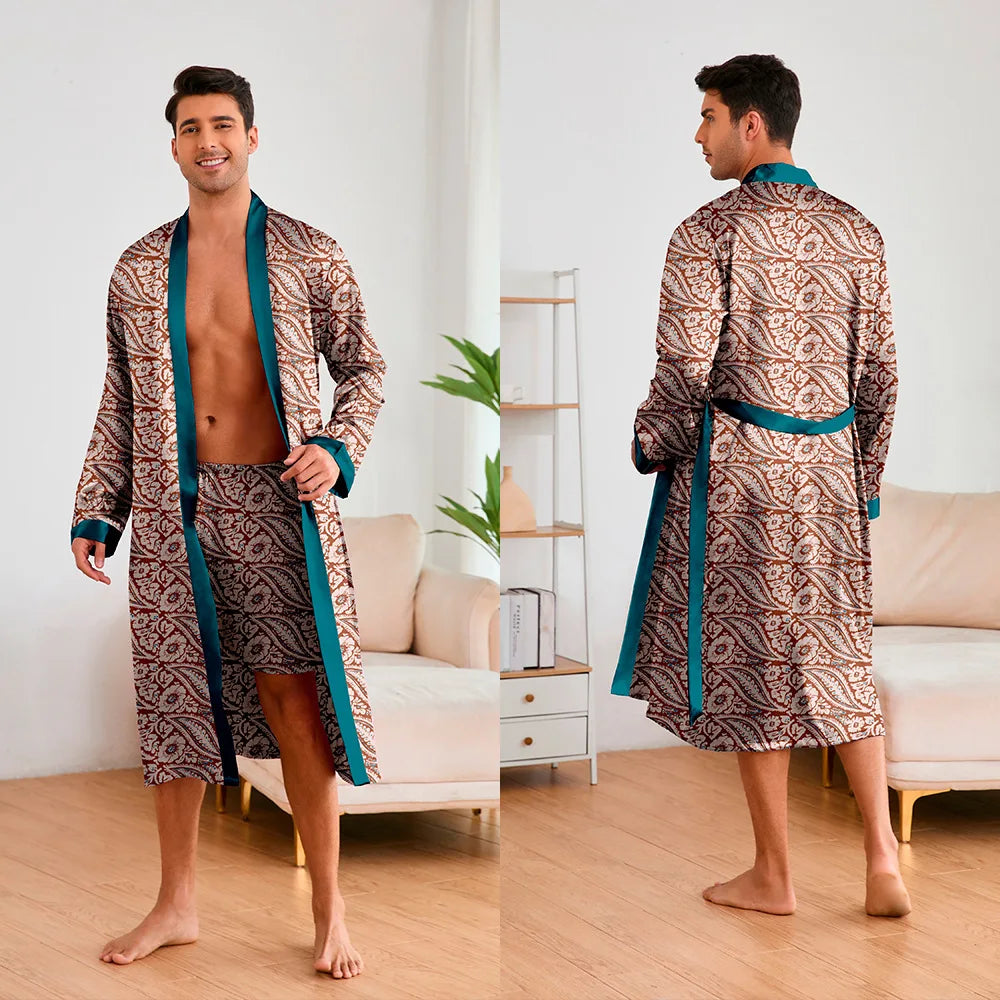 Men's Kimono Bathrobe Set - Luxury Ice Silk Robe & Pajamas