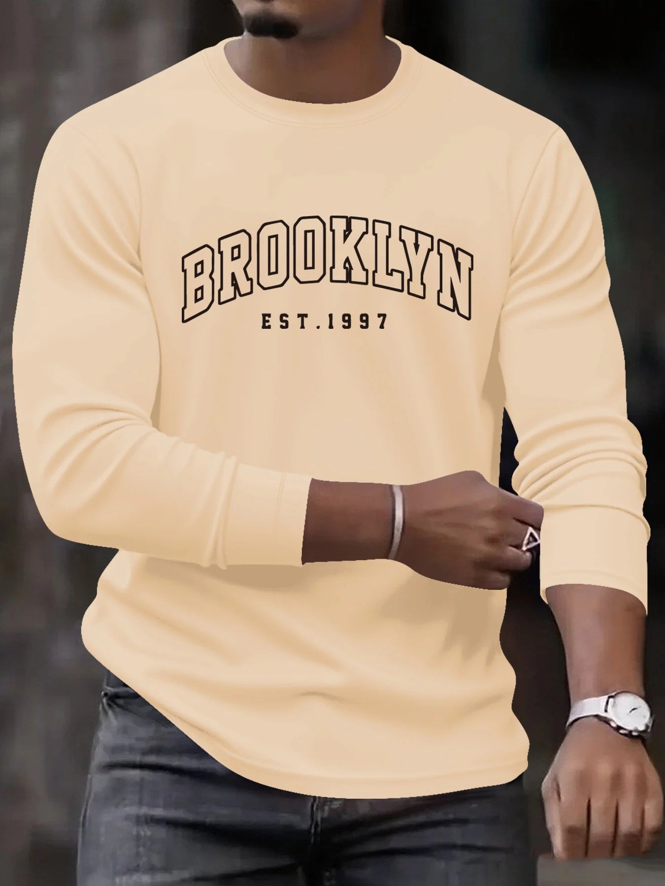 Men's 100% pure cotton loose fit plus size comfortable casual sports Boston letter printed round neck long sleeved T-shirt top