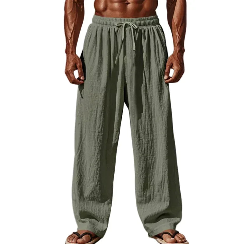 Men's Cotton Linen Casual Pants - Straight Leg Drawstring Trousers