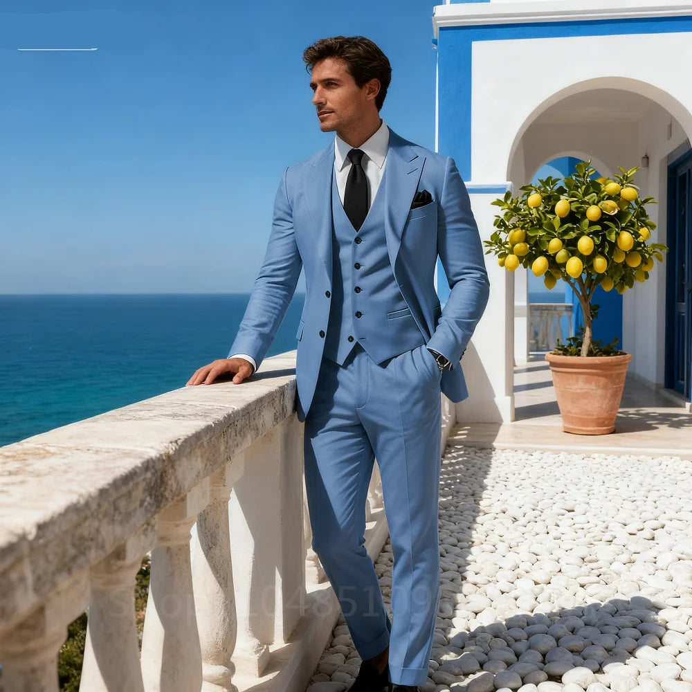 3 Piece Solid Wedding Men Suits Formal Groom Tuxedos Prom Party Male Suits Fashion Men Clothing Set Peak Lapel Jacket Pants Vest