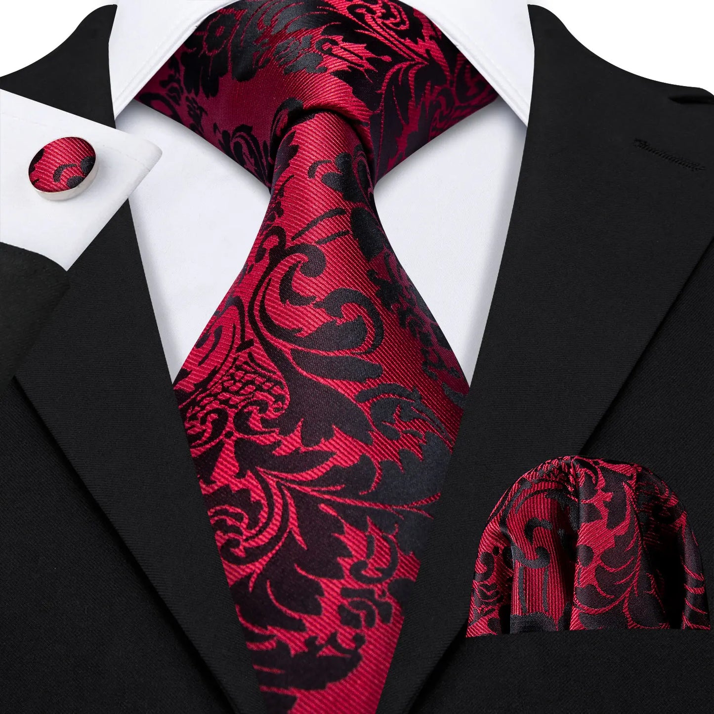 Barry.Wang Red Silk Mens Tie Hanky Cufflinks Set Burgundy Maroon Scarlet Carmine Rose Jacquard Necktie For Male Wedding Party