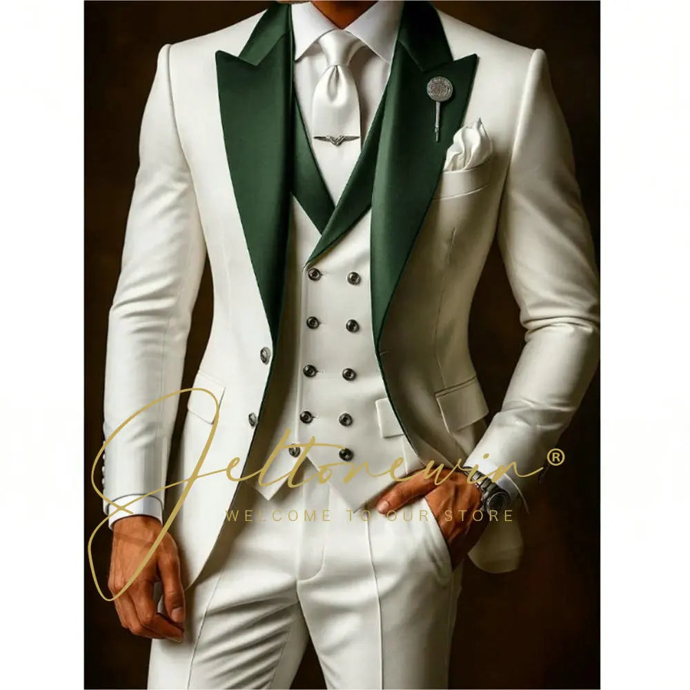 White Suit Set For Men Wedding Party Fashion Blazer Vest Pants Formal  Groom Groomsmen Tailor-made Male High Quality Tuxedos