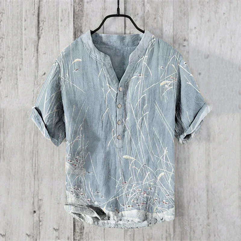Hawaiian Fish Print Linen Shirt - Unisex Short Sleeve V-Neck