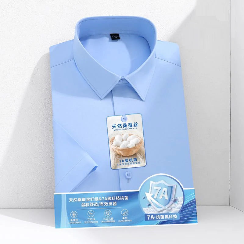 Larger Size S-6XL Mulberry Silk Men's Short  Sleeve Reverse Wrinkle and Cool Comfortable Slim Social Business Formal White Shirt