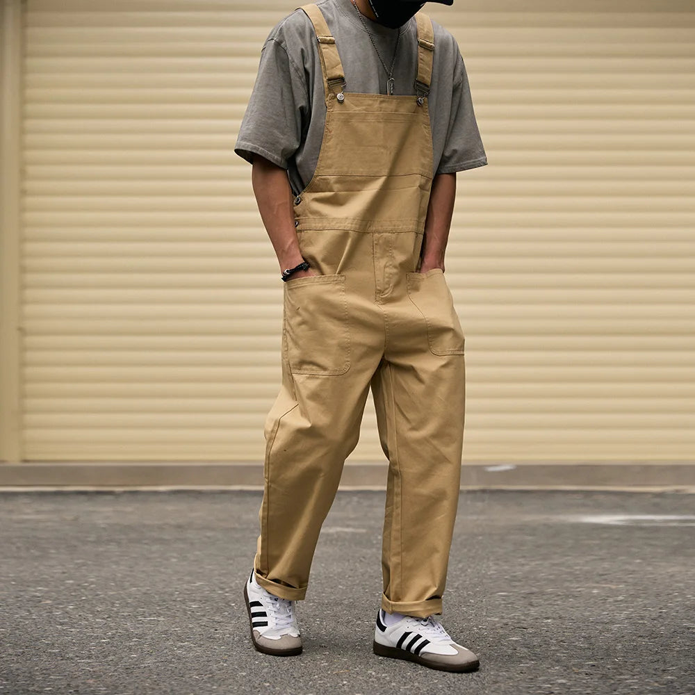 Men's Khaki Cargo Overalls with Adjustable Suspenders