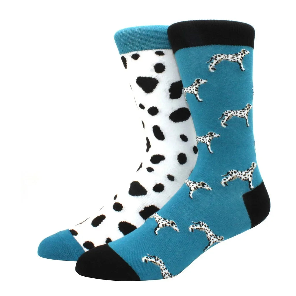 Men's Novelty Cotton Crew Socks - Mismatched Animal & Fruit Design