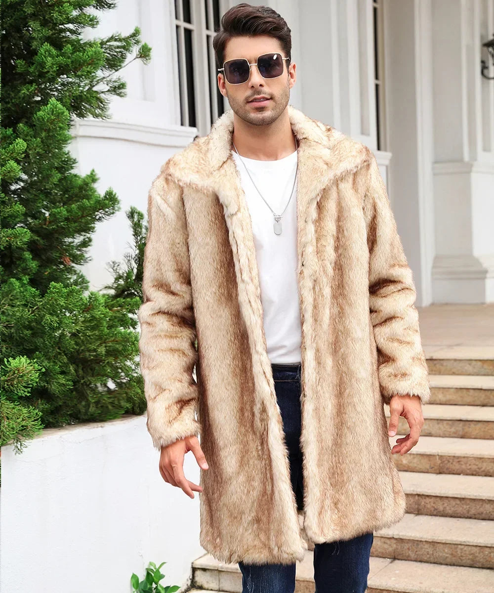 Men's Luxury Faux Fur Winter Coat - Long Sleeve Warm Jacket