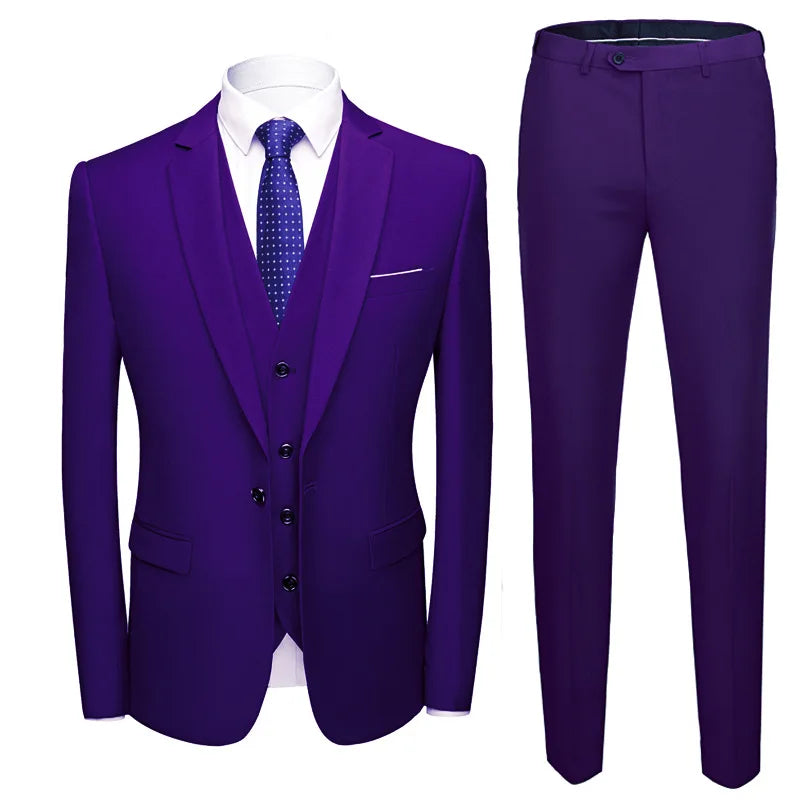 Men Suit Set Simple Solid Color Long Sleeve Male Outfit Single-breasted Slim Business Wedding Versatile Men Three-piece Suits