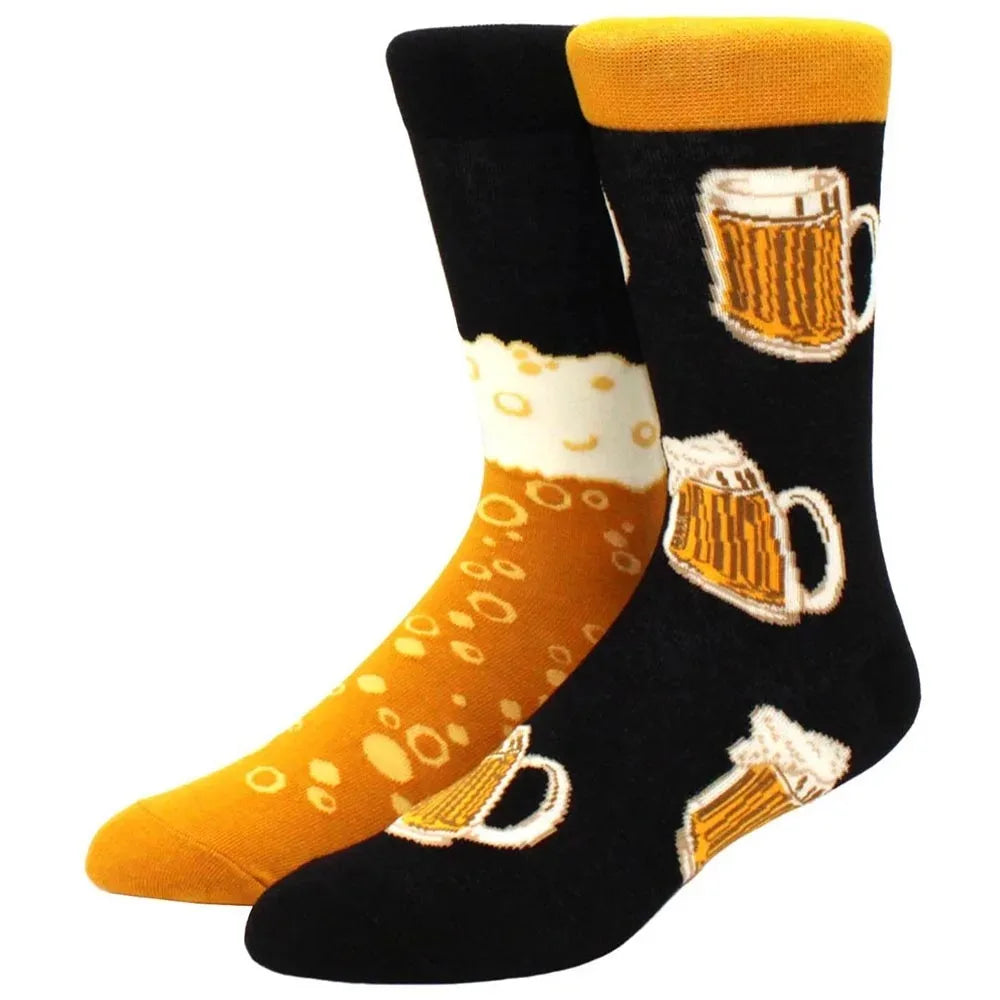 Men's Novelty Cotton Crew Socks - Mismatched Animal & Fruit Design