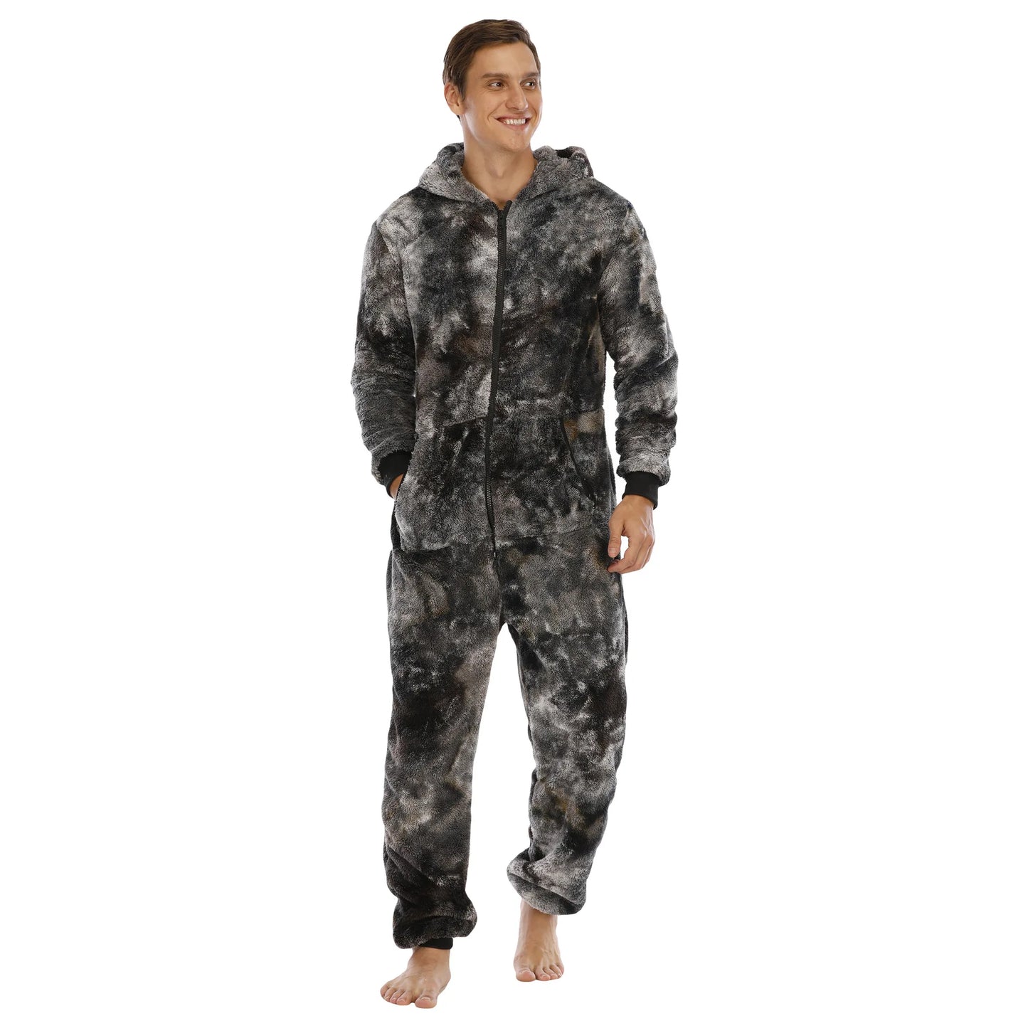 Men's Hooded Fleece Onesie - Camouflage Winter Jumpsuit