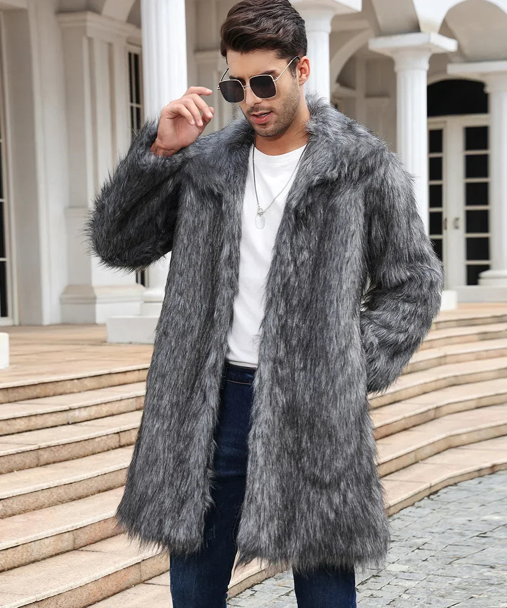 Men's Luxury Faux Fur Winter Coat - Long Sleeve Warm Jacket
