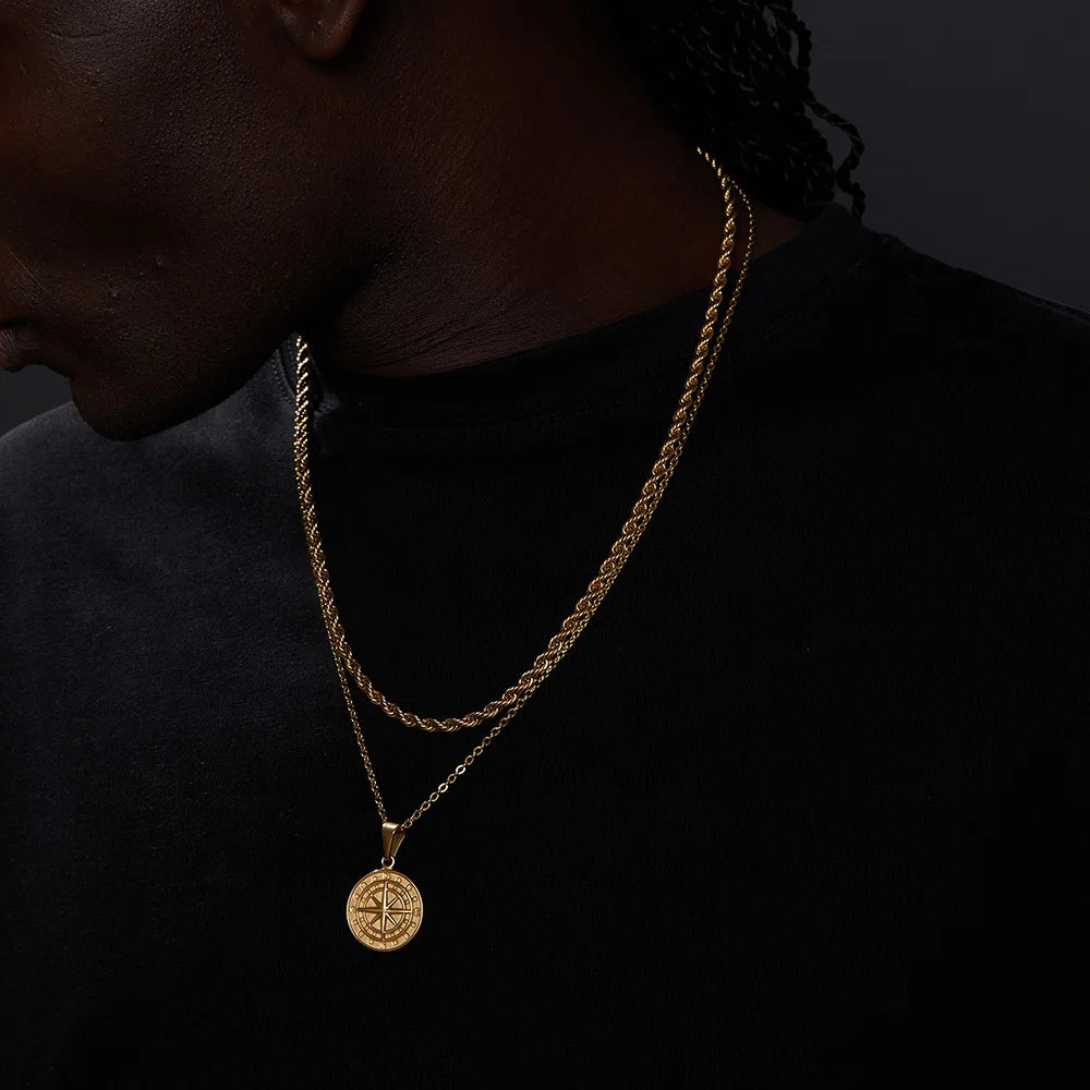 Vnox Layered Necklaces for Men Compass Pendant and Stainless Steel Cuban Figaro Wheat Chain - Casual Retro Collar Style
