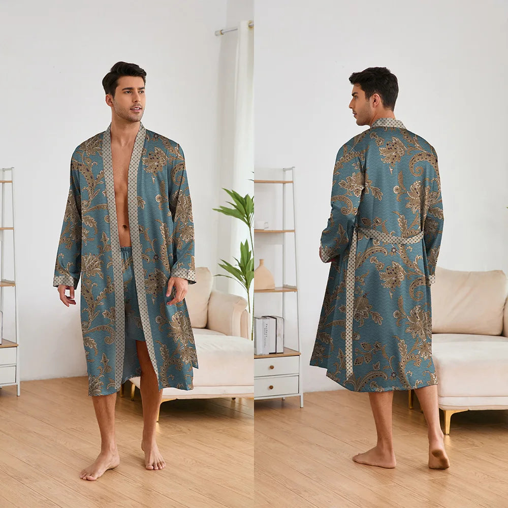Men's Kimono Bathrobe Set - Luxury Ice Silk Robe & Pajamas