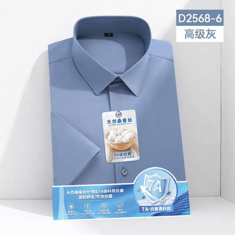 Larger Size S-6XL Mulberry Silk Men's Short  Sleeve Reverse Wrinkle and Cool Comfortable Slim Social Business Formal White Shirt
