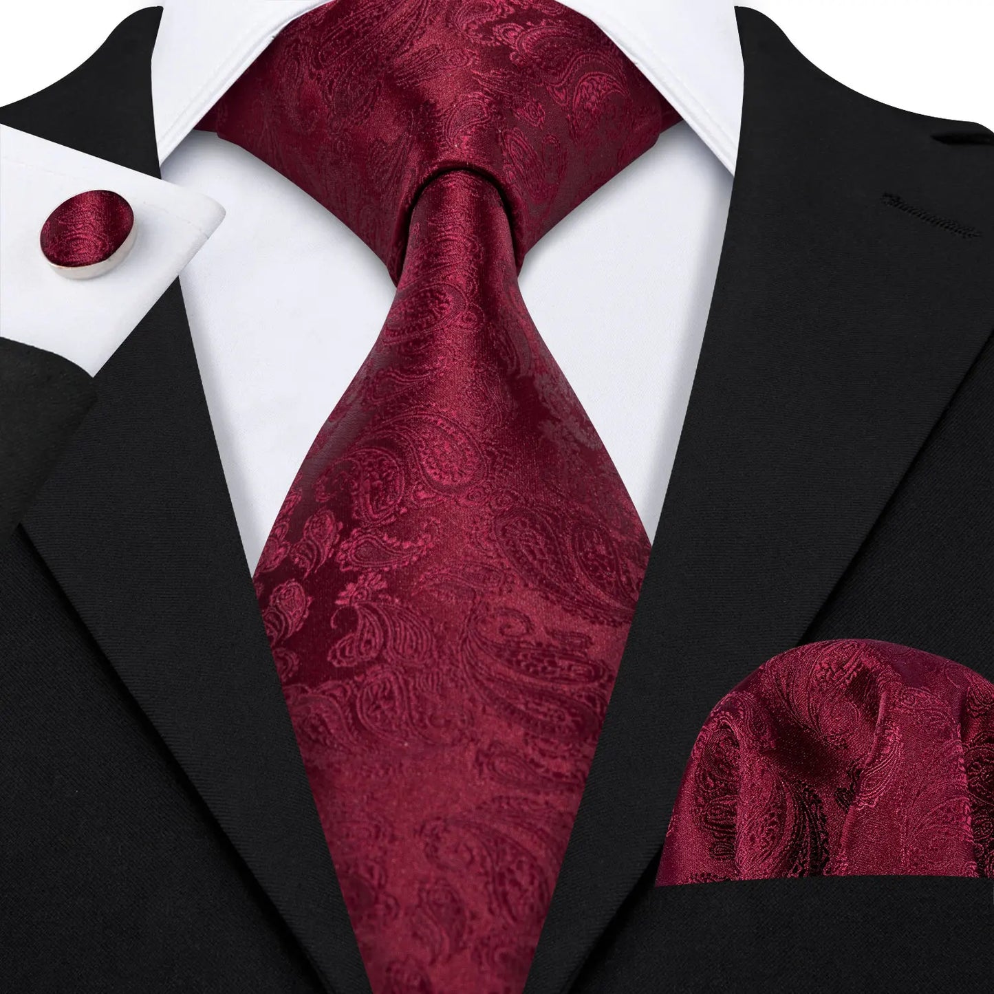 Barry.Wang Red Silk Mens Tie Hanky Cufflinks Set Burgundy Maroon Scarlet Carmine Rose Jacquard Necktie For Male Wedding Party