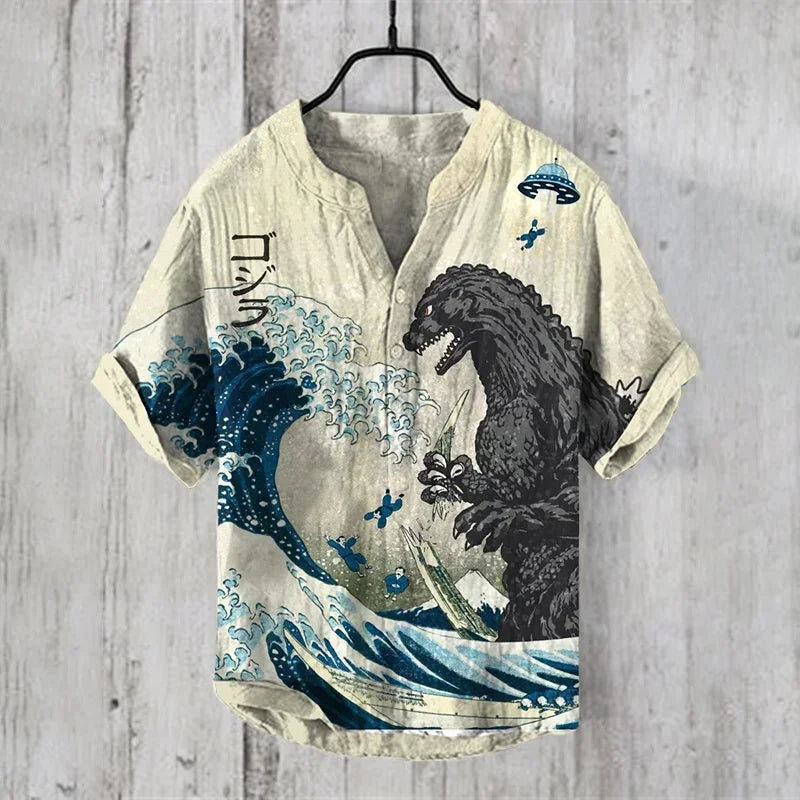 Hawaiian Fish Print Linen Shirt - Unisex Short Sleeve V-Neck