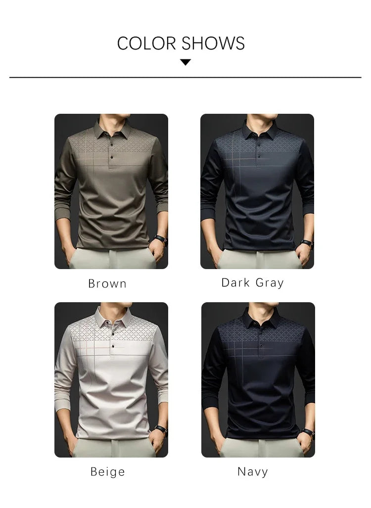 Formal Polo Tshirts Men Graphic Design Long Sleeve Shirt Collar Office Work Polo Tops Man Clothing