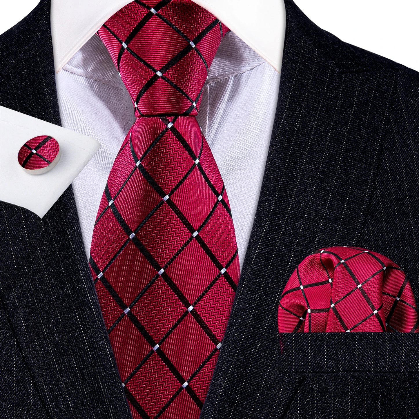 Barry.Wang Red Silk Mens Tie Hanky Cufflinks Set Burgundy Maroon Scarlet Carmine Rose Jacquard Necktie For Male Wedding Party