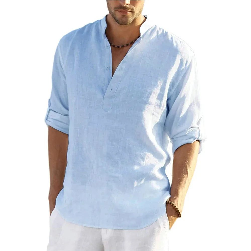 Men's Cotton Linen Casual Shirt - Long Sleeve Stand Collar