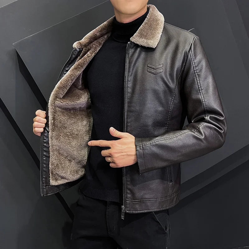 Men's Faux Leather Jacket - Fleece Lined Winter Coat