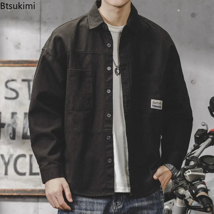 Men's Brown Workwear Shirt Jacket with Pocket Spring and Autumn Loose Japanese Retro Casual Long Sleeved Shirts