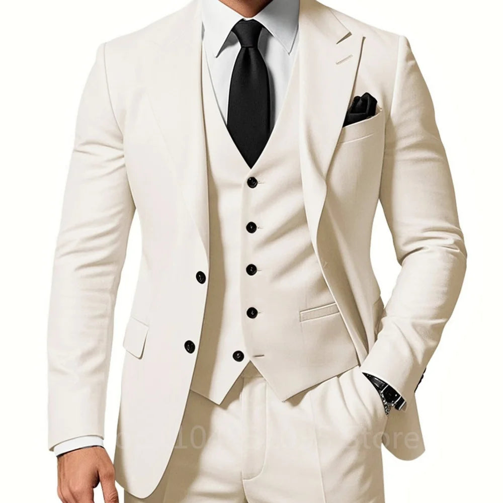 3 Piece Solid Wedding Men Suits Formal Groom Tuxedos Prom Party Male Suits Fashion Men Clothing Set Peak Lapel Jacket Pants Vest