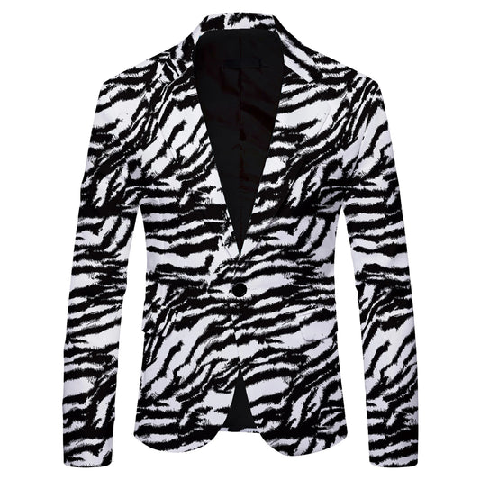 Men's Casual Printed Black and White Striped Stylish Slim-Fit Suit Jacket, Long-Sleeved Single-Button Suit