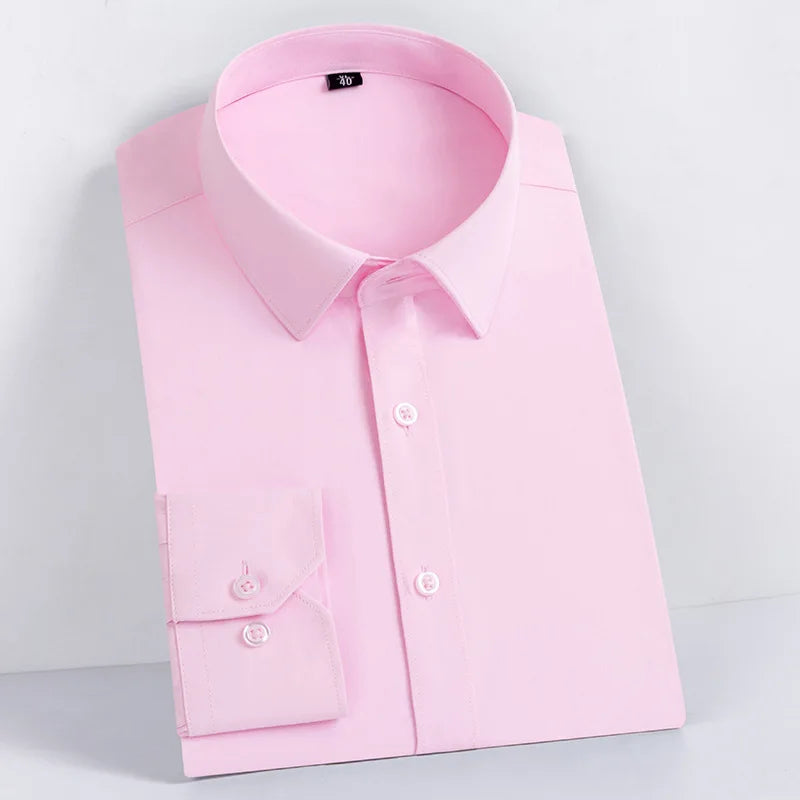 Men Formal Shirt Long Sleeve Office Solid Color Anti-Wrinkle Long Sleeve Shirt Men Casual Fashion Business Office White Shirt