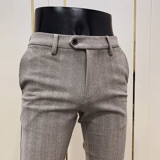 Autumn Winter Striped Woolen Cloth Suit Pants Men Casual Slim Straight Warm Trousers Formal Business Social Office Dress Pants