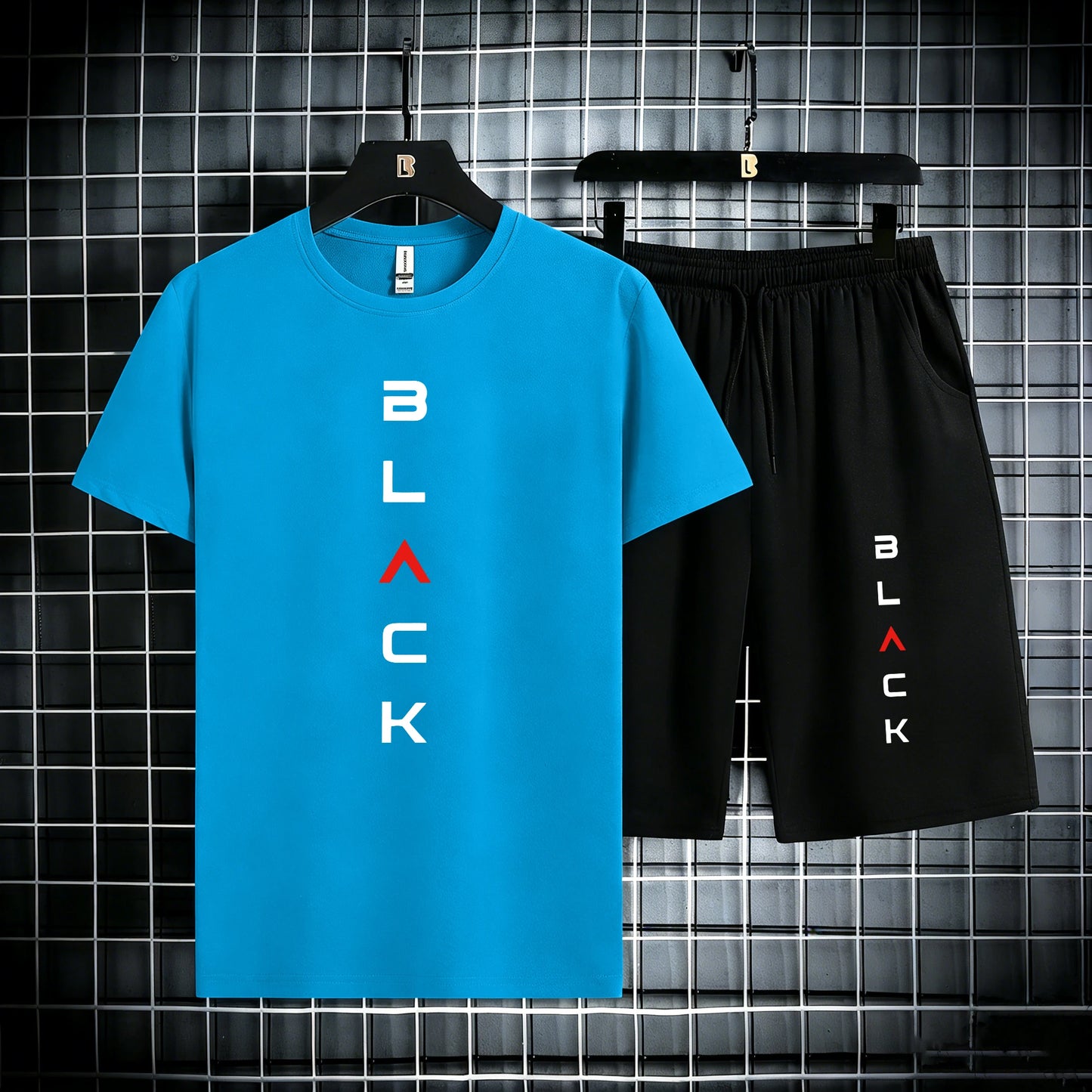 Black Simple Letter Pattern Mens Cotton Summer Classic Short Suits Cool All-Match Streetwear Soft Pocket Bottom Daily 2Pc Set