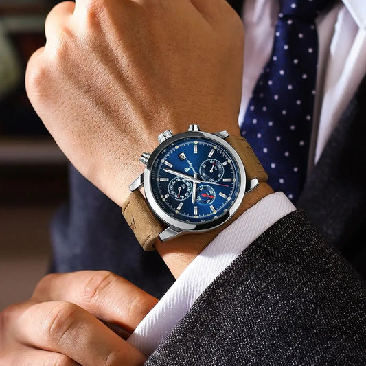 Luxury Men's Chronograph Watch - Waterproof Leather Quartz Timepiece
