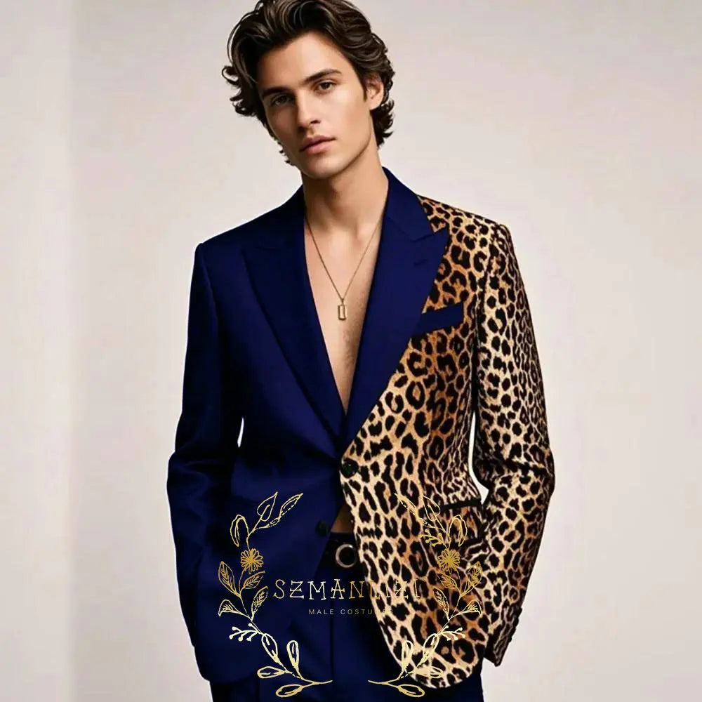 Fashion Suit for Men Leopard Print Peaked Lapel Slim Fit 2 Piece Jacket Pants Blazer Wedding Party Tuxedo Male Clothing