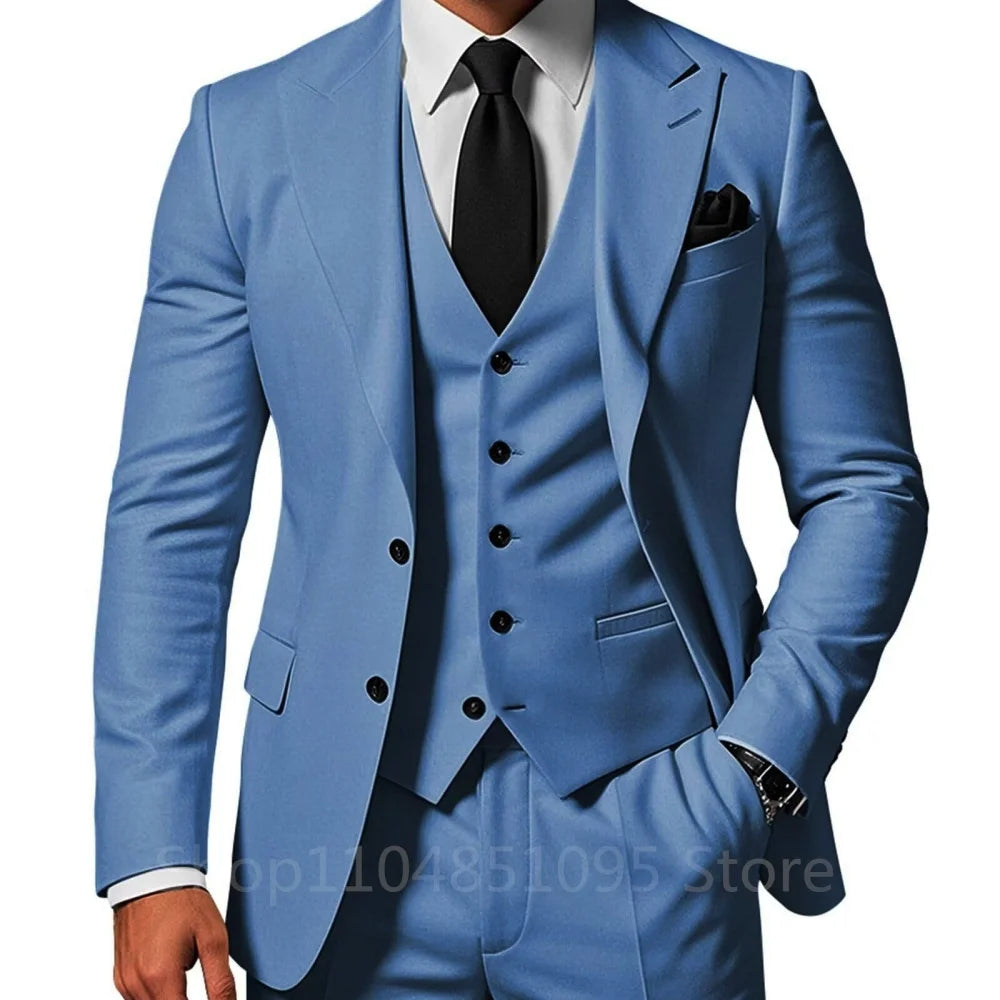 3 Piece Solid Wedding Men Suits Formal Groom Tuxedos Prom Party Male Suits Fashion Men Clothing Set Peak Lapel Jacket Pants Vest