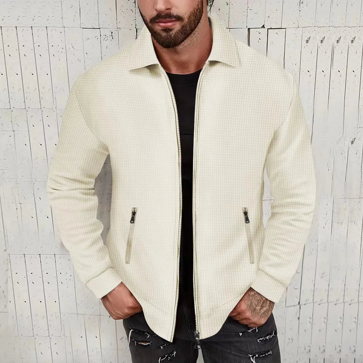 European and American cross-border waffle long-sleeved zipper jacket casual men's autumn coat