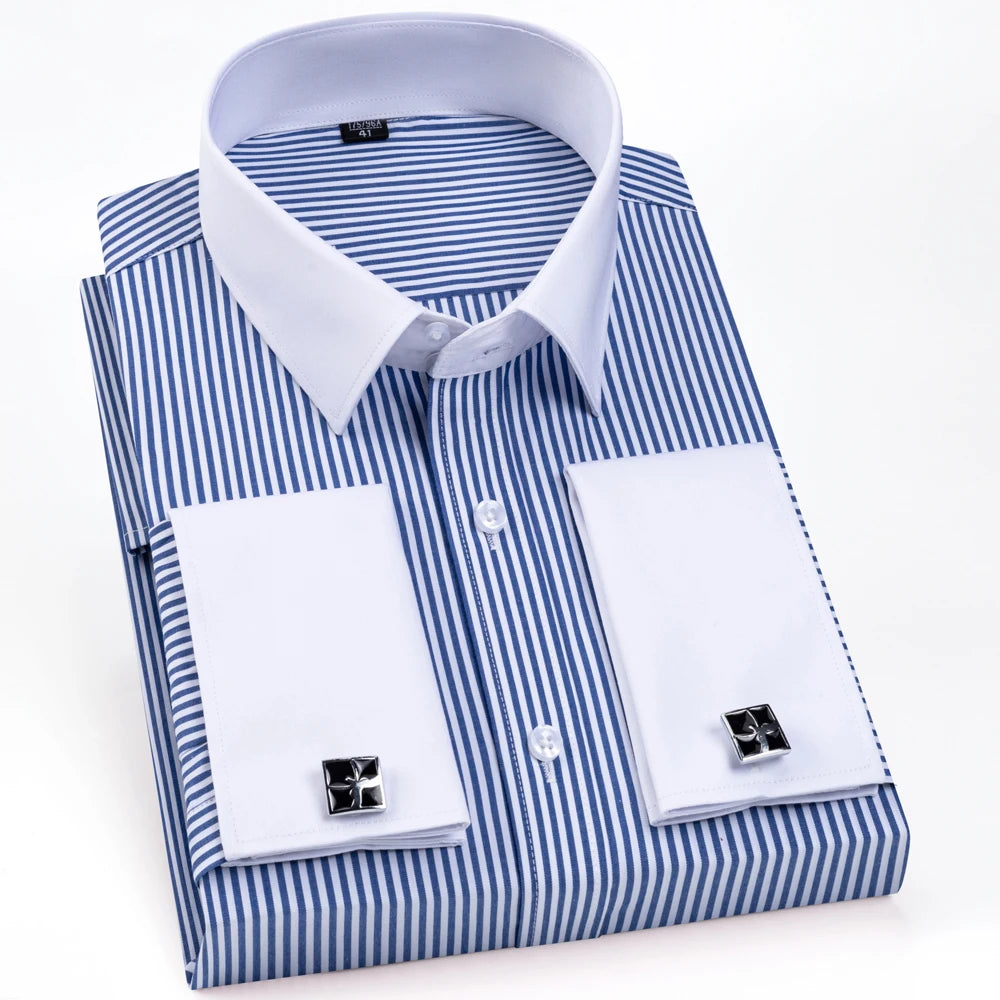 Men's Formal Long Sleeve Striped Shirt with French Cuffs & Contrast Spread Collar, Suitable for Business Wedding, All Seasons