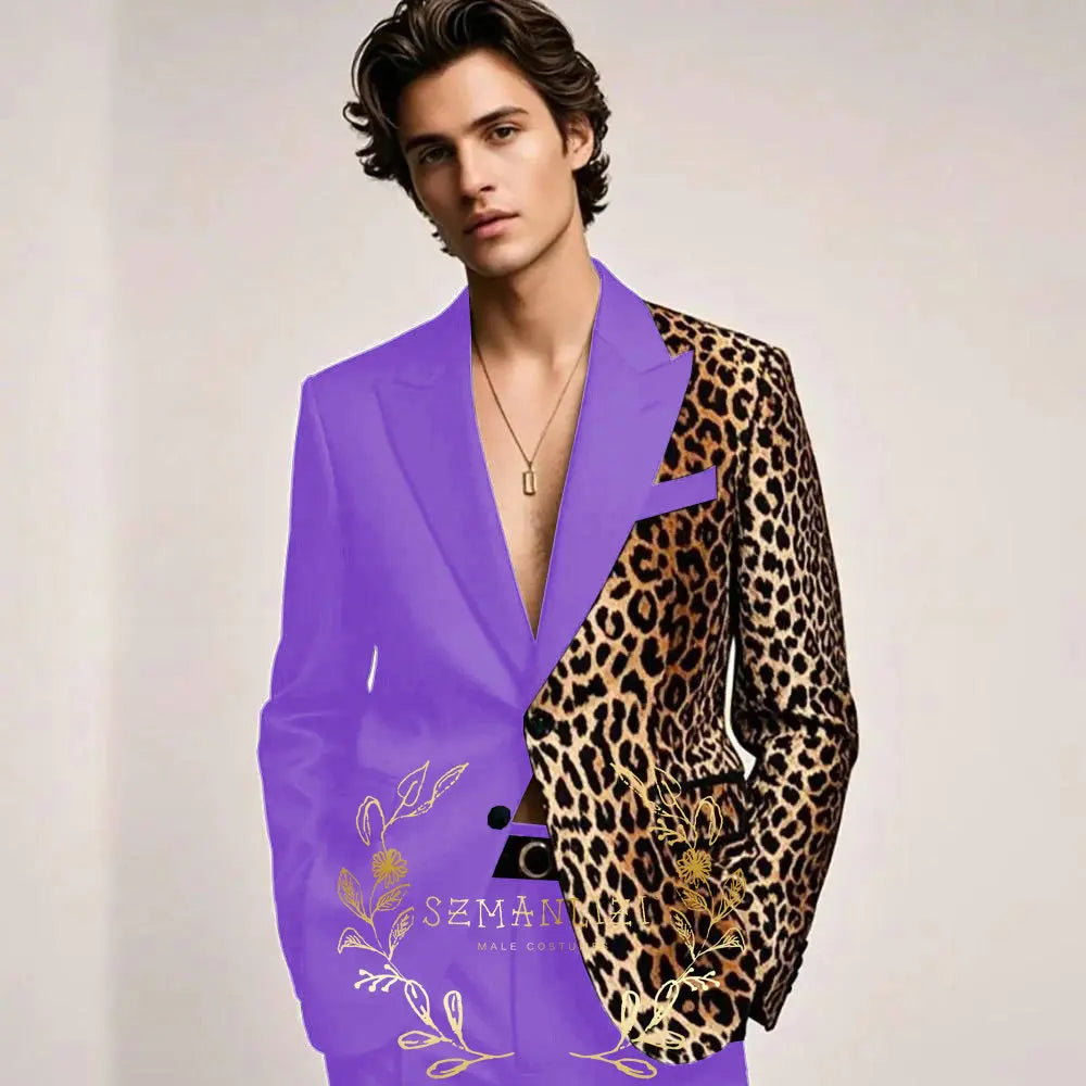 Fashion Suit for Men Leopard Print Peaked Lapel Slim Fit 2 Piece Jacket Pants Blazer Wedding Party Tuxedo Male Clothing