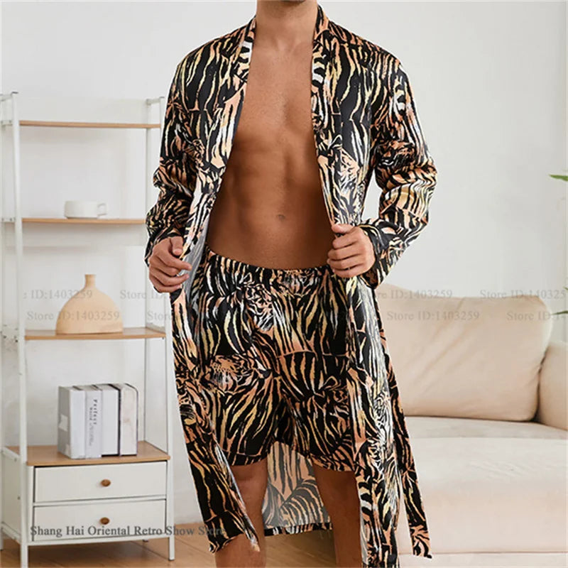 Men's Kimono Bathrobe Set - Luxury Ice Silk Robe & Pajamas