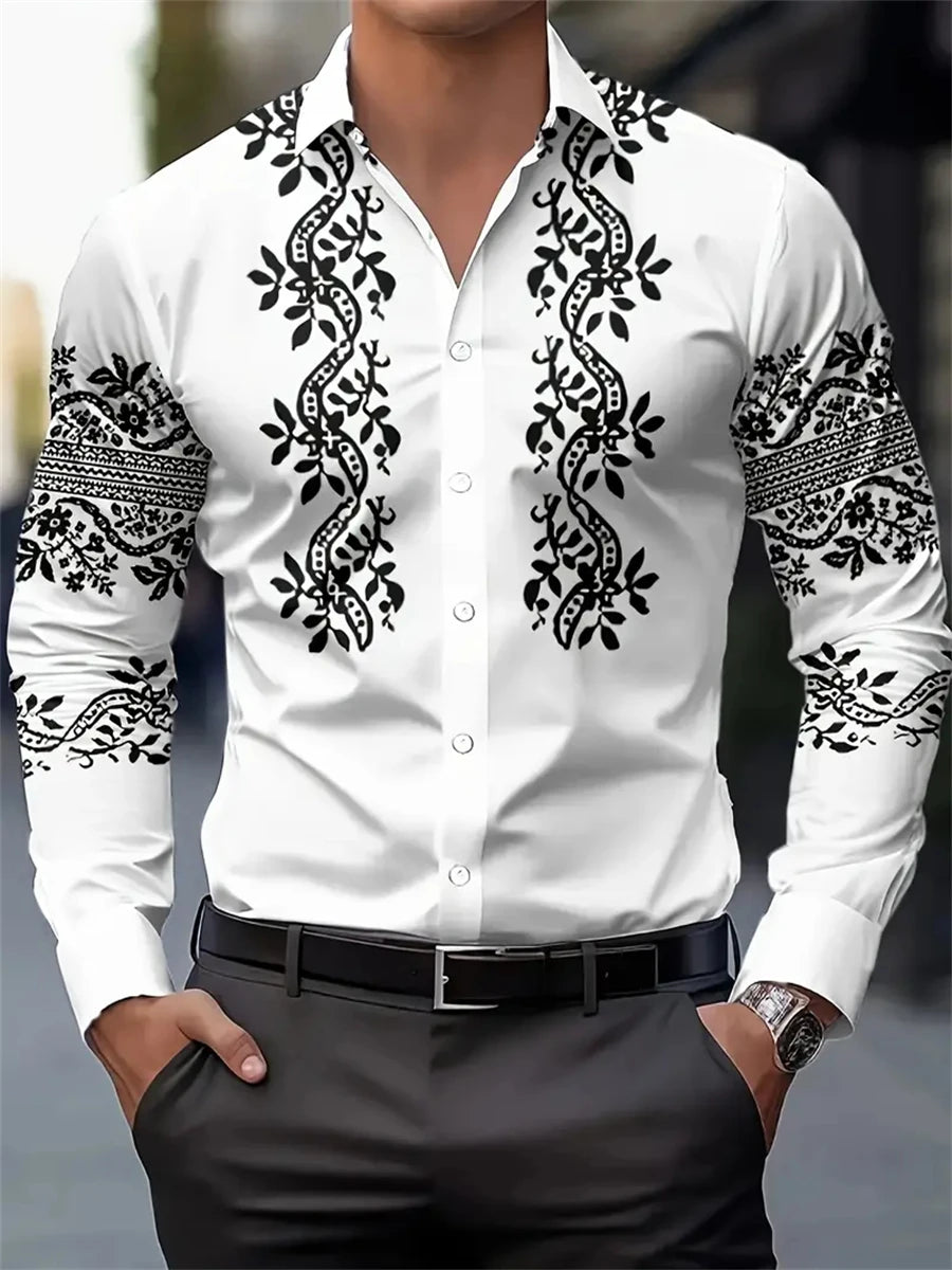 Men's Fashion Floral Print Shirt, Casual Breathable Lapel Button Long Sleeve Shirt For Spring Men’s Clothing Men's Formal Tops
