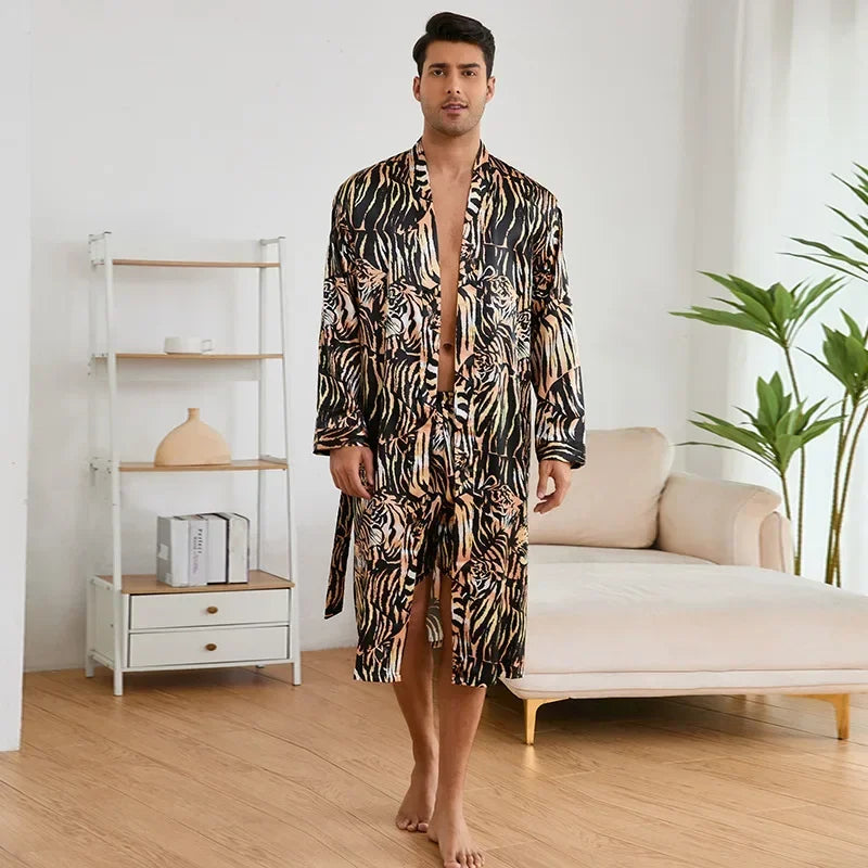 Men's Kimono Bathrobe Set - Luxury Ice Silk Robe & Pajamas