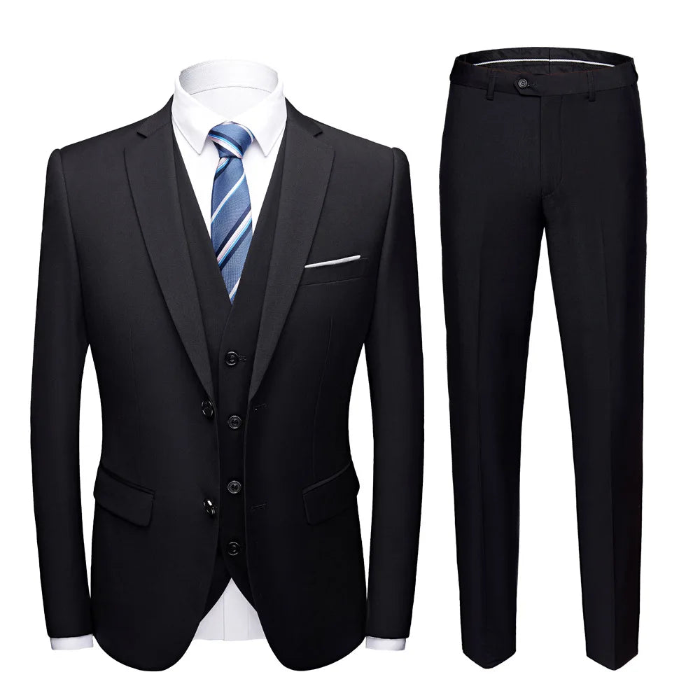 Men Suit Set Simple Solid Color Long Sleeve Male Outfit Single-breasted Slim Business Wedding Versatile Men Three-piece Suits