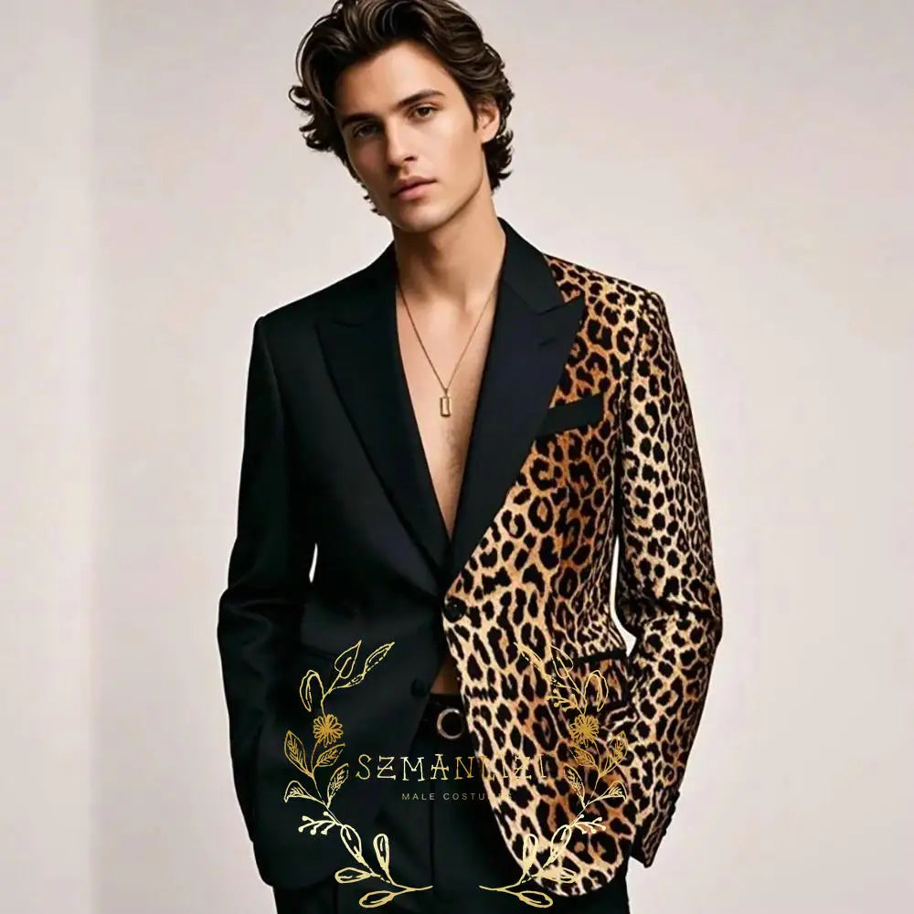 Fashion Suit for Men Leopard Print Peaked Lapel Slim Fit 2 Piece Jacket Pants Blazer Wedding Party Tuxedo Male Clothing