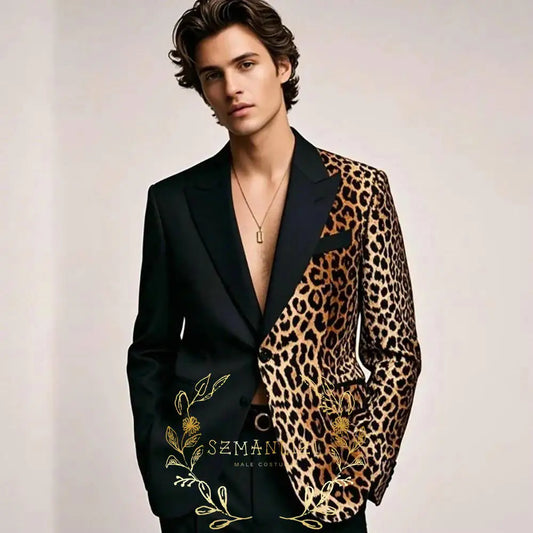 Fashion Suit for Men Leopard Print Peaked Lapel Slim Fit 2 Piece Jacket Pants Blazer Wedding Party Tuxedo Male Clothing