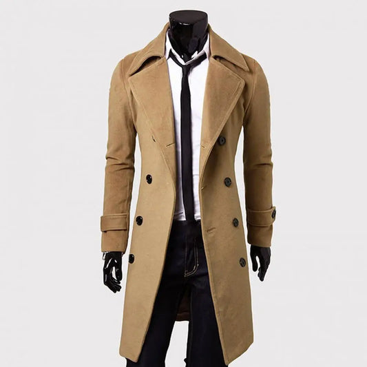 Men's Double-Breasted Trench Coat - Classic Wool-Lined Outerwear