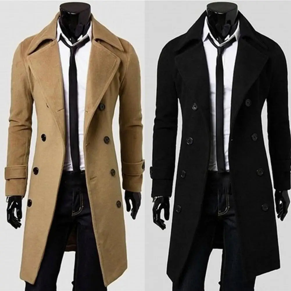 Men's Double-Breasted Trench Coat - Classic Wool-Lined Outerwear