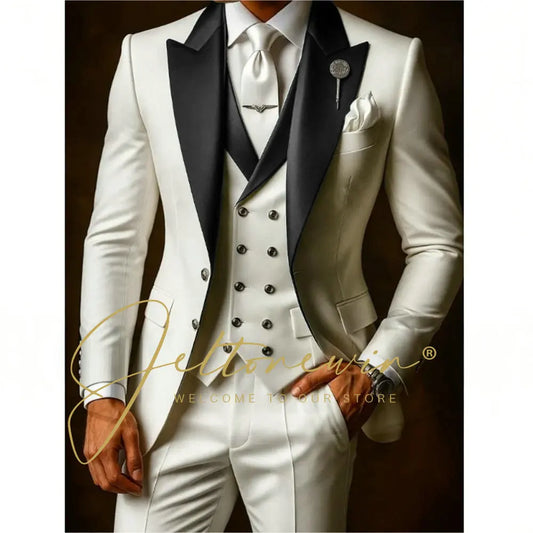 White Suit Set For Men Wedding Party Fashion Blazer Vest Pants Formal  Groom Groomsmen Tailor-made Male High Quality Tuxedos