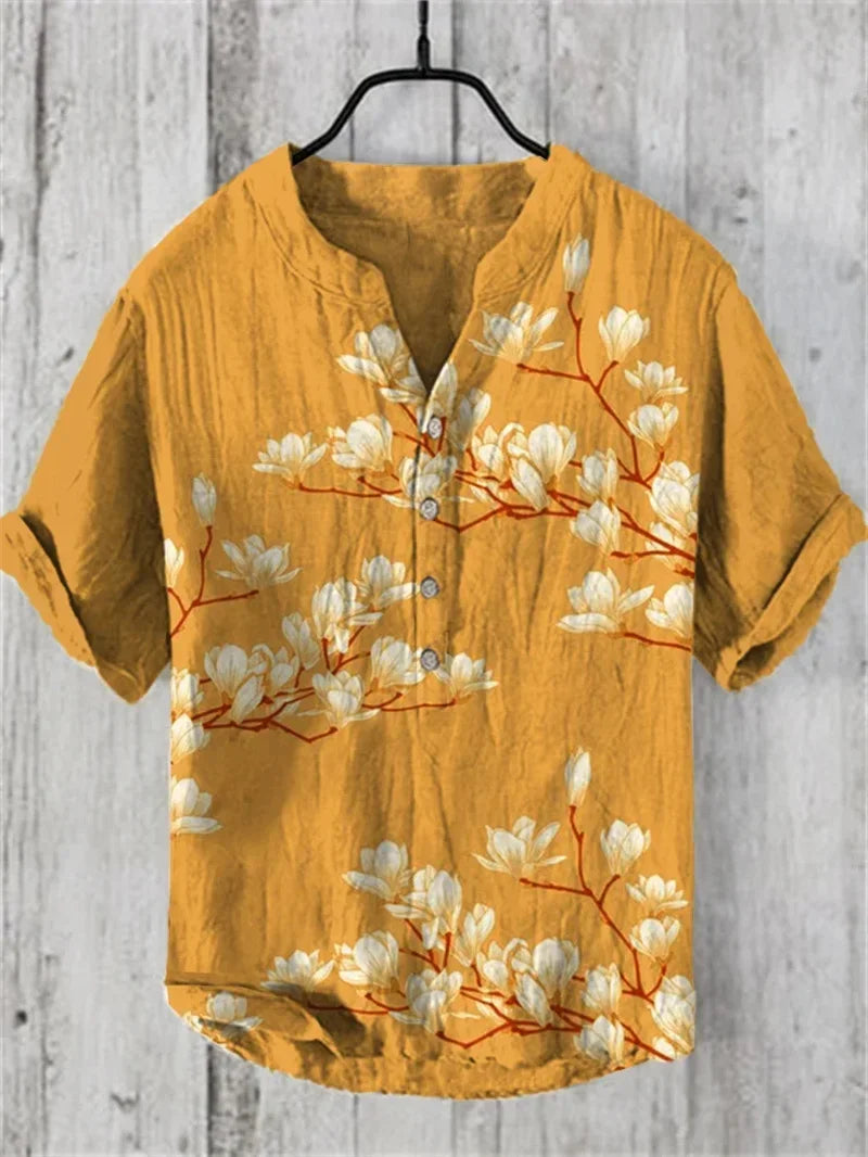 Hawaiian Fish Print Linen Shirt - Unisex Short Sleeve V-Neck