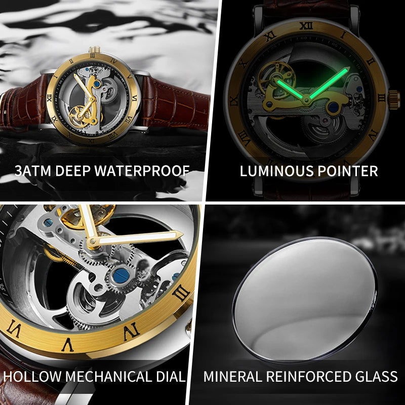 Automatic Skeleton Watch - Golden Bridge Mechanical Wristwatch for Men