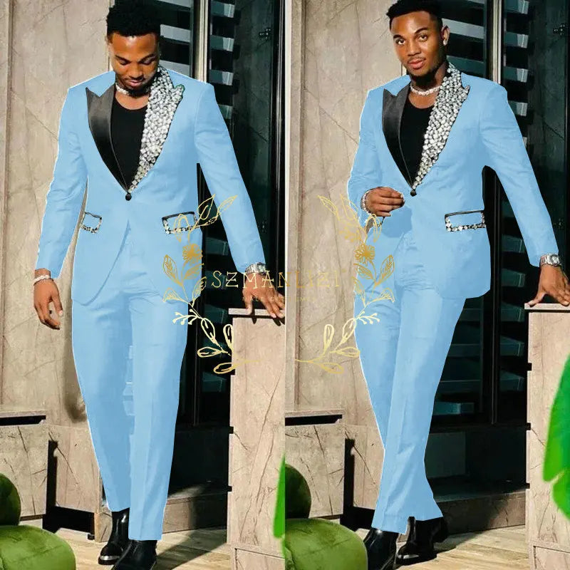 Slim Fit Suit Single Breasted Peak Lapel Blazer High Quality Crystal Prom Party 2 Piece Jacket & Pants for Men